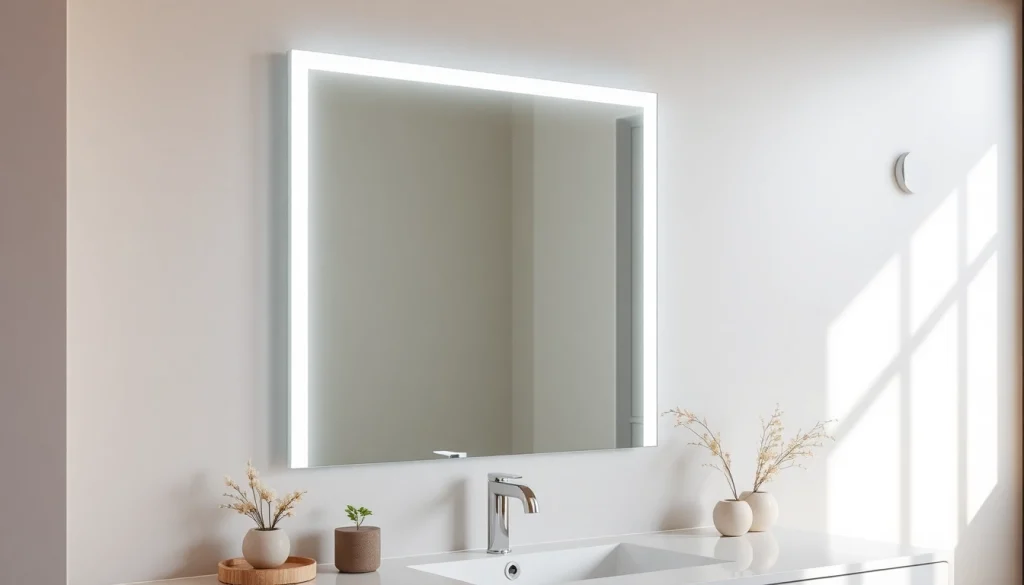 Enhance your space with a sleek mirror and led lights, showcasing modern bathroom aesthetics.