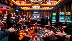 Players enjoying a thrilling game at TG88's elegant casino, featuring roulette and vibrant slot machines.