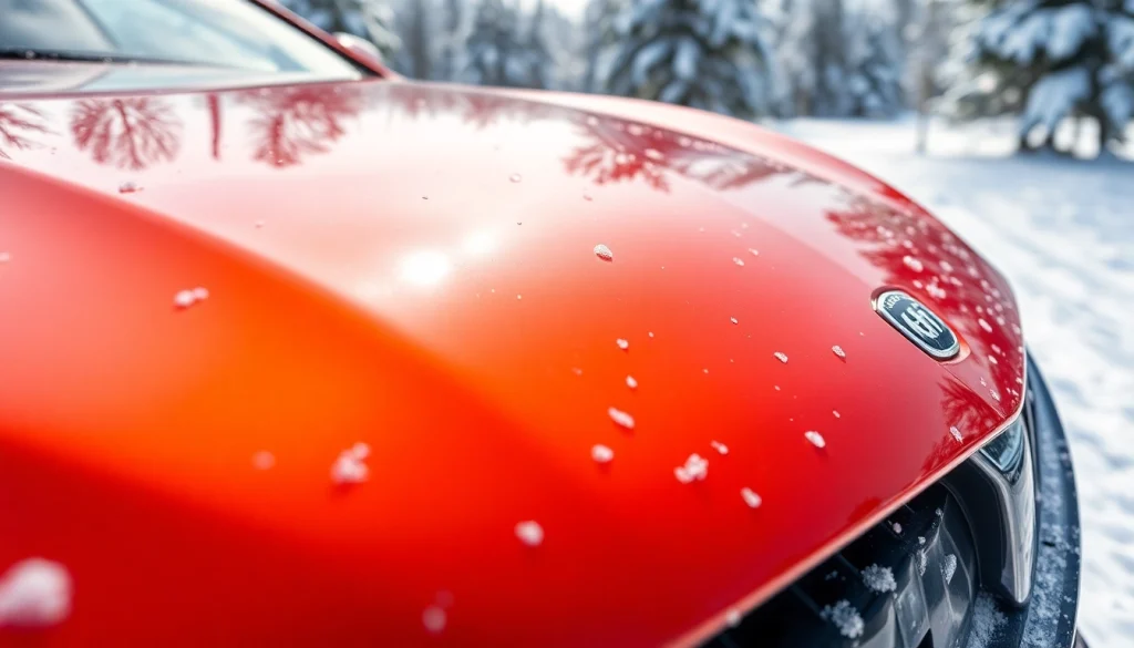 PPF winter road salt protection on a car's hood shines, showcasing its durability in winter conditions.
