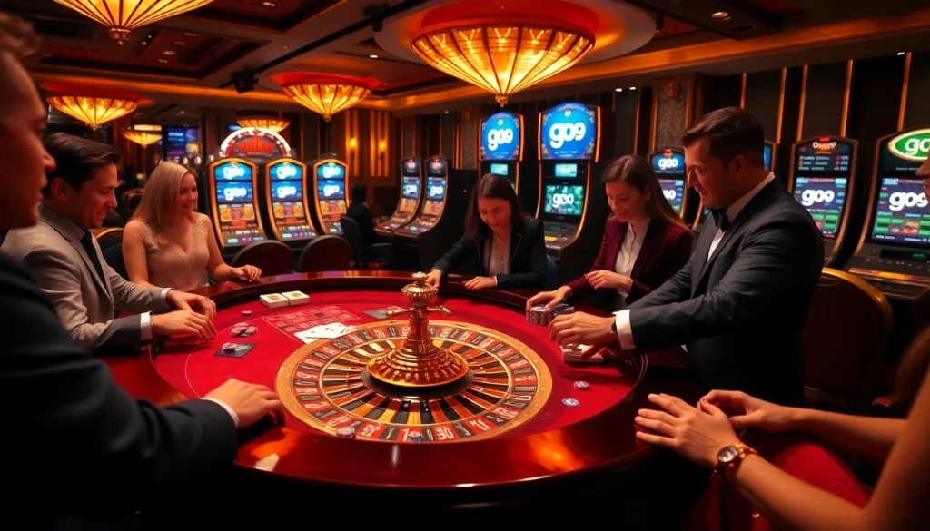 Players enjoying a high-stakes game at a luxurious casino, with 'go 99' digital displays enhancing the excitement.