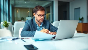 Complete the eta application uk on a laptop in a bright, modern office environment.