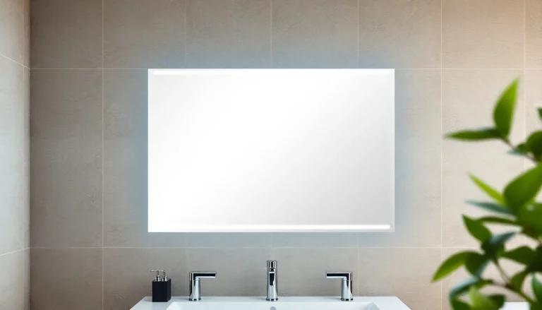 Elegant bathroom mirror with led light illuminating a stylish bathroom space.