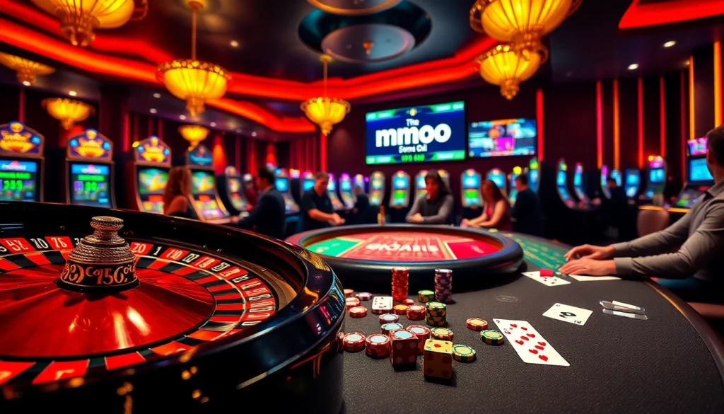 Experience thrilling gaming action at mmoo casino with vibrant poker chips and roulette wheel.