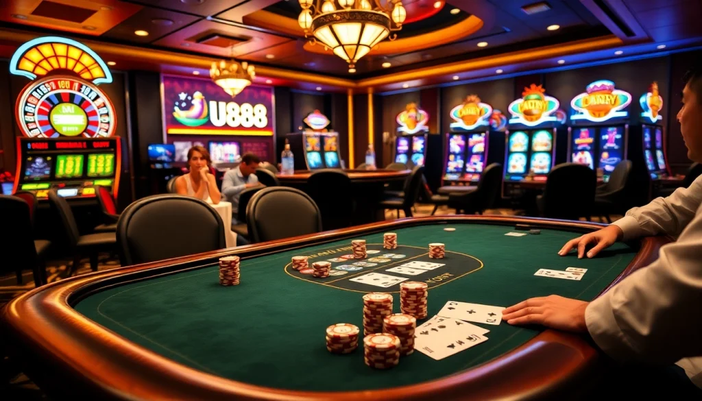 U888 offering thrilling casino games with elegant poker tables and vibrant slot machines.
