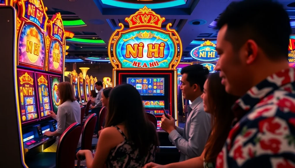 Nổ Hũ gaming experience with vibrant slot machines and excited players at an online casino.