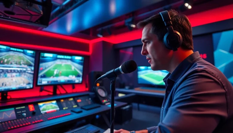 Engaging sports broadcasting scene with an anchor, showcasing live sports events on multiple screens.