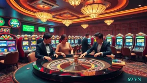Players enjoying a thrilling game at the 69 VN casino table with vibrant chips and luxurious ambiance