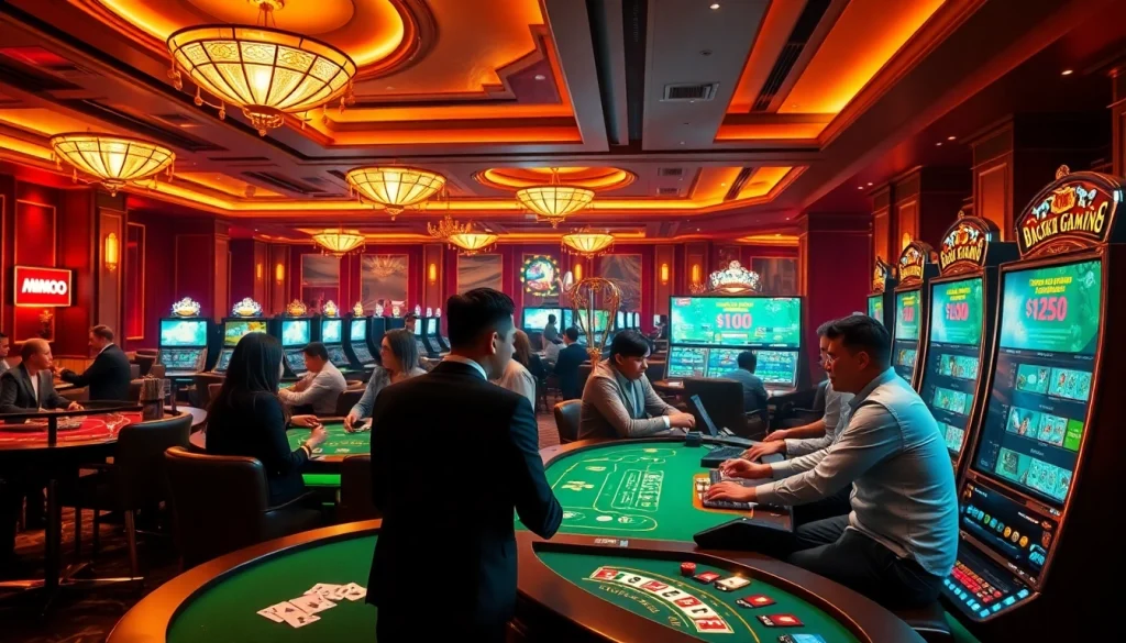 Engaging scene of diverse players at nhà cái mmoo casino, enjoying various games in a vibrant and luxurious setting.