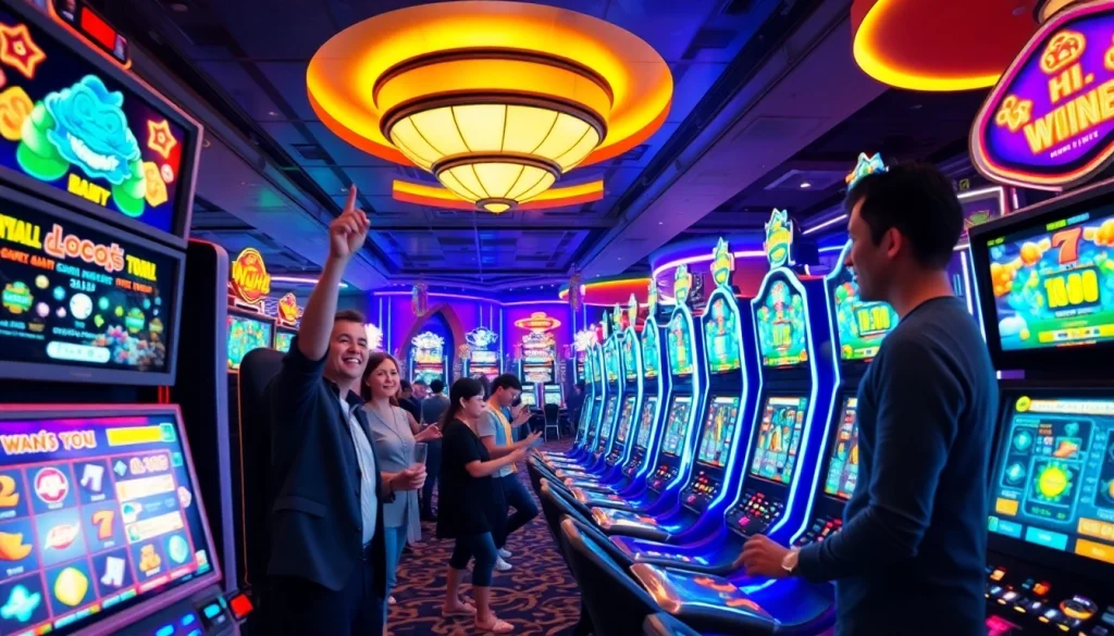 Nổ Hũ gaming experience with vibrant slot machines, players celebrating wins.