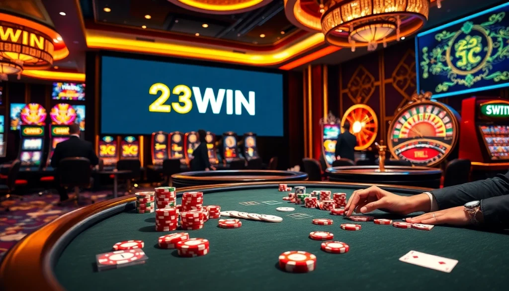 Players enjoying a thrilling game at a 23WIN casino table, immersing in a lively gambling atmosphere.