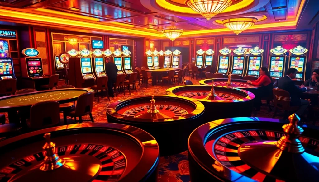 I9bet casino scene displaying players enjoying poker and slot machines in a vibrant atmosphere.