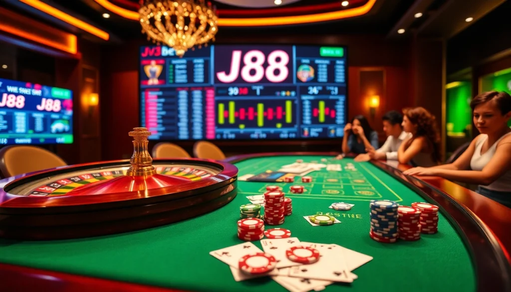 Players enjoying an engaging j88 bet experience at a luxurious casino table with cards and chips.