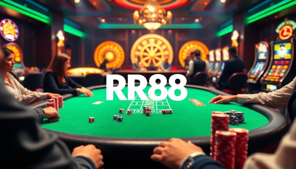 Exciting RR88 poker game scene with colorful chips and golden roulette wheel, evoking luxury.