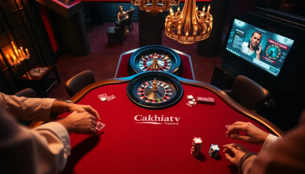 Cakhiatv gamblers engage at a luxury poker table with high-stakes chips and live streaming excitement.