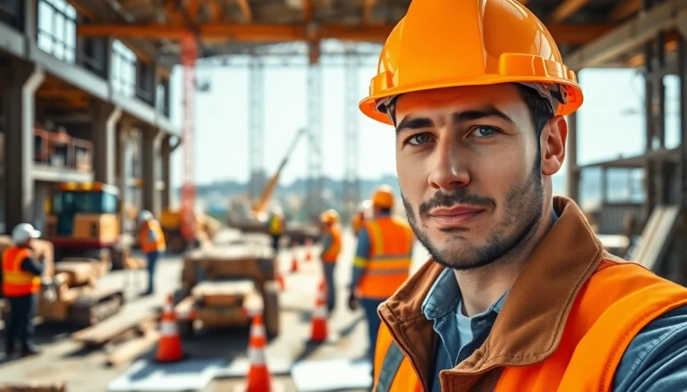 Construction career highlighted by a focused worker among active construction machinery.