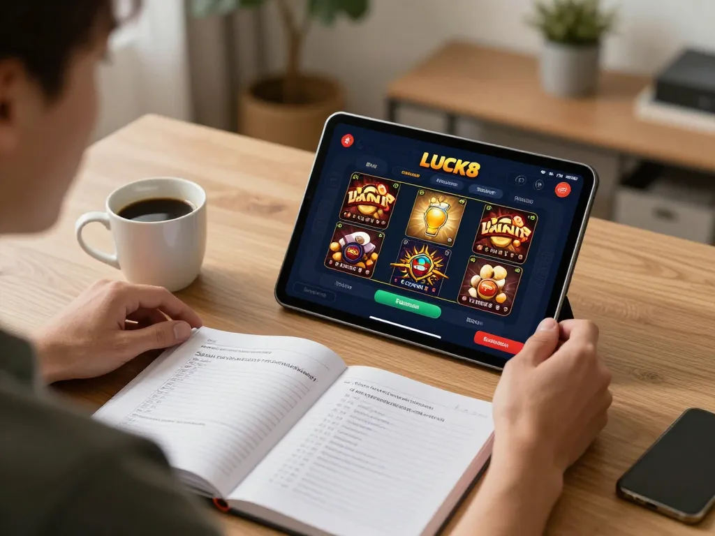 Engaging with the LUCK8 app for strategic online gambling from a cozy home setup.