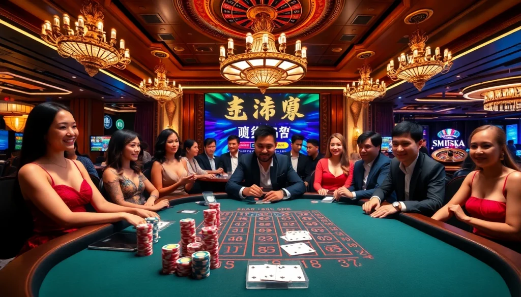 Experience the excitement of gambling at 壹發娛樂 with a glamorous blackjack table and eager players.