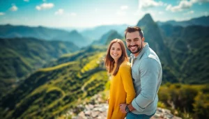 Destination photographer capturing a joyful couple in a scenic outdoor location.