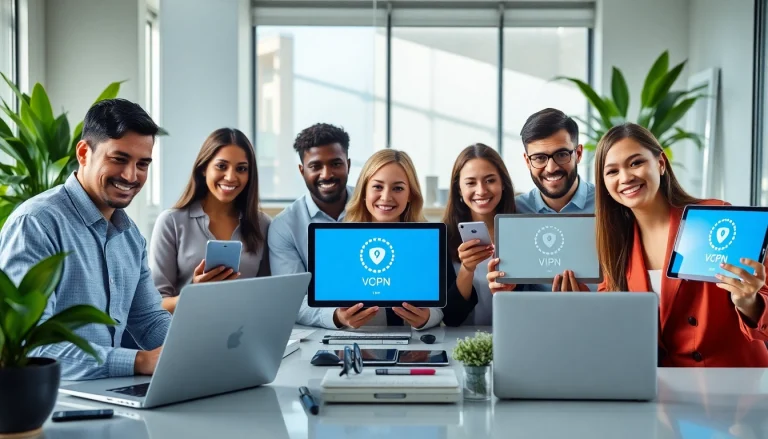 专业办公室场景中的快连 VPN 安装，来自不同背景的用户愉快地连接设备。