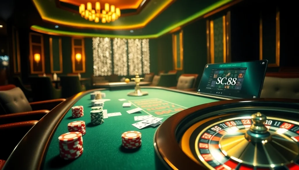 Exciting gambling scene showcasing SC 88 poker action with vibrant chips and cards.