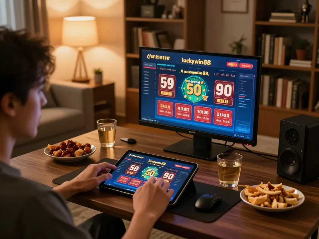 Engaged player using luckywin88 on tablet in a cozy home setting.