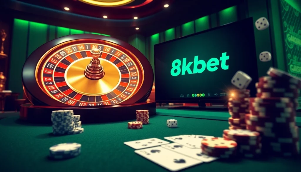 Experience the thrill of online gambling with 8kbet's vibrant casino scene featuring roulette and poker chips.