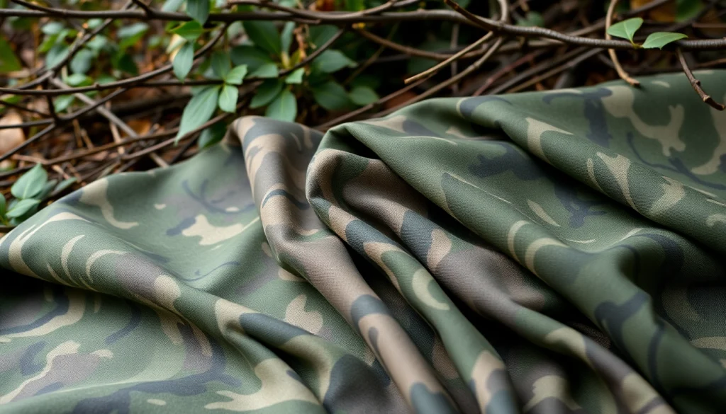 Bekijk goedkope camouflage print stoffen, prachtig gepresenteerd tegen een natuurlijke achtergrond.