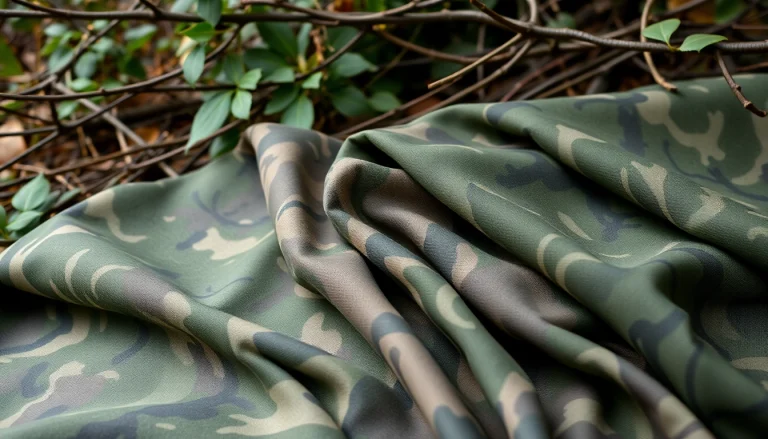 Bekijk goedkope camouflage print stoffen, prachtig gepresenteerd tegen een natuurlijke achtergrond.