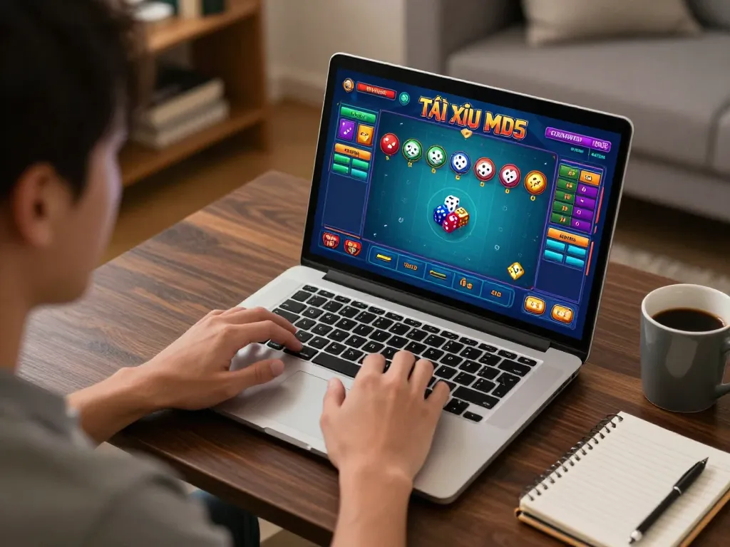 Player engaging in Tài Xỉu MD5 game online, showcasing strategy and excitement in a cozy home atmosphere
