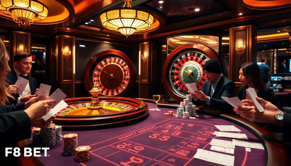 Players strategizing wins at F8BET COM poker table in a luxury casino setting.