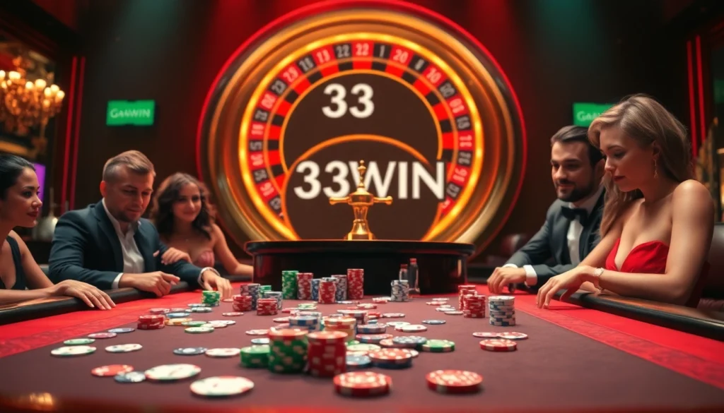 Experience the thrill of winning at the 33WIN casino table, surrounded by exciting poker chips and cards.