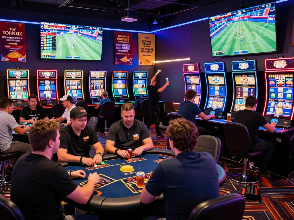 Exciting MM88 online gambling environment with live tables, vibrant lights, and enthusiastic players.