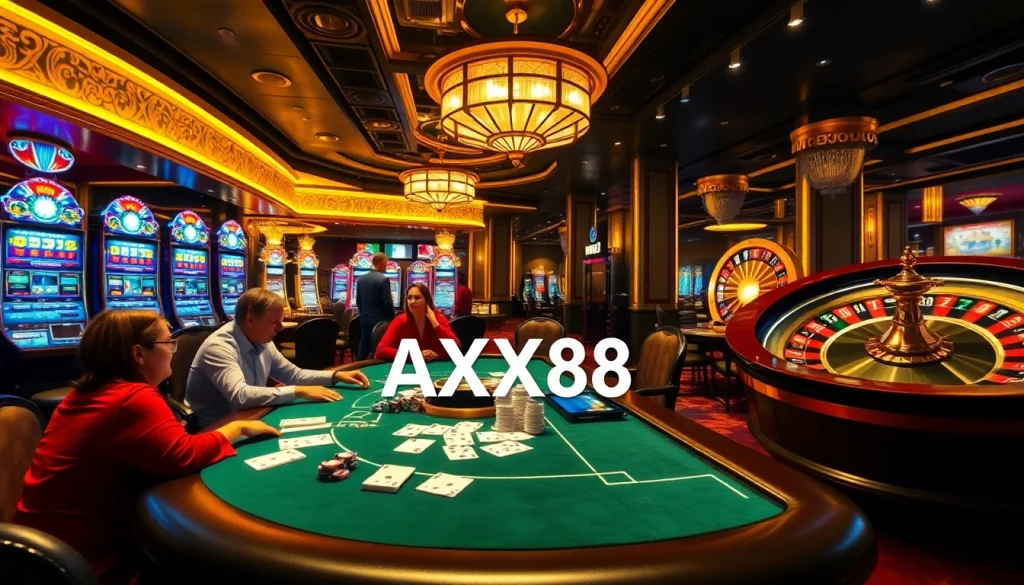 Players enjoying a game at a high-stakes casino table in AXX88, surrounded by vibrant slot machines.