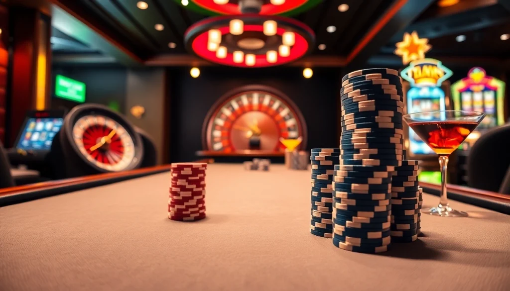 Exciting casino scene at https://new88.pet/ featuring a luxurious poker table with high-stakes chips and a jackpot slot machine.