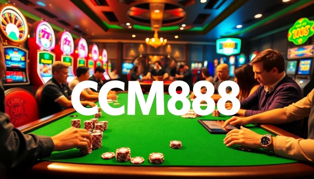 Experience CM88 đăng nhập effortlessly with vibrant casino gaming scenes featuring high-stakes poker and roulette.