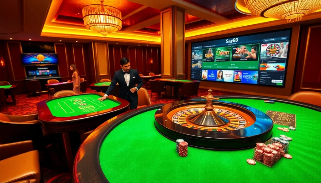 Engaging casino atmosphere at say88 featuring vibrant tables, poker chips, and a roulette wheel.