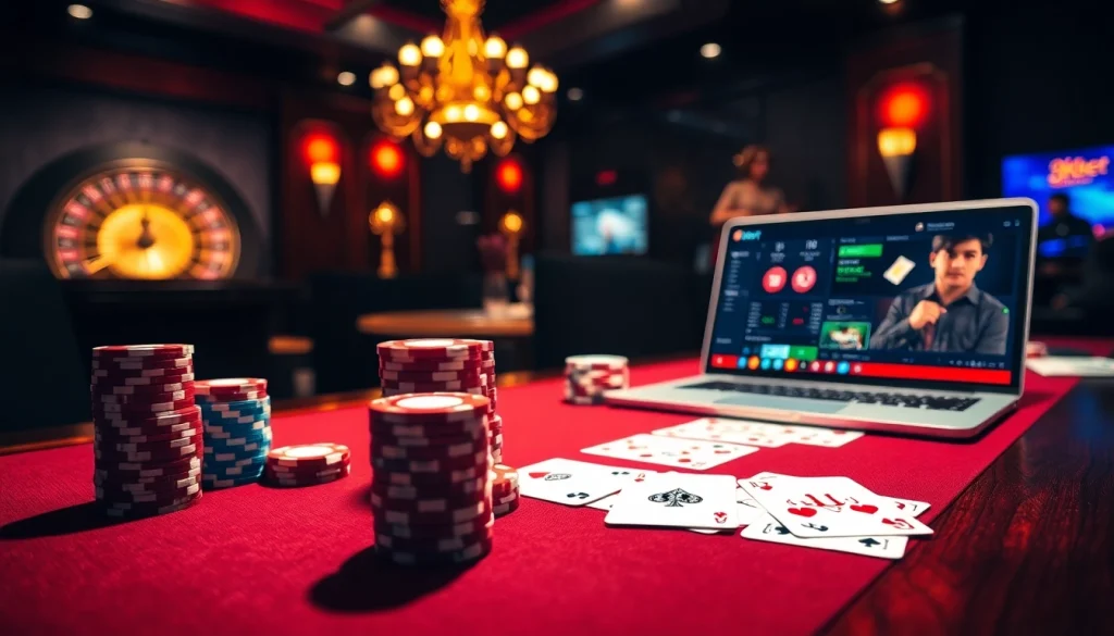 Engaging scene of 8kbet poker table with vibrant chips and online gambling interface.