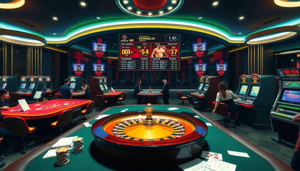 Experience the excitement of Keonhacai with players at casino tables and a vibrant roulette wheel.