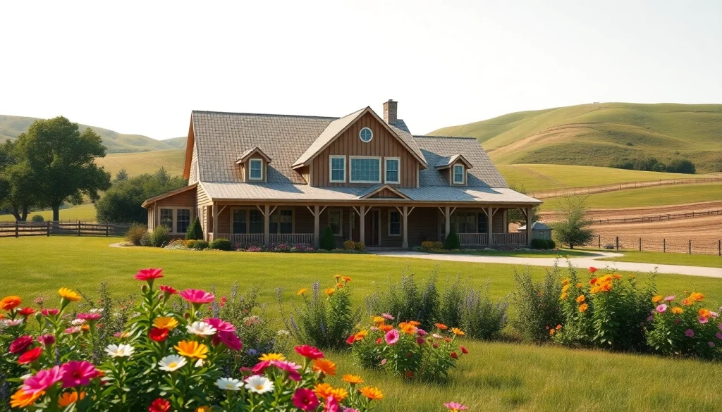 Canton Farmhouse with rustic features surrounded by a colorful garden in a serene rural setting.