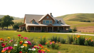 Canton Farmhouse with rustic features surrounded by a colorful garden in a serene rural setting.