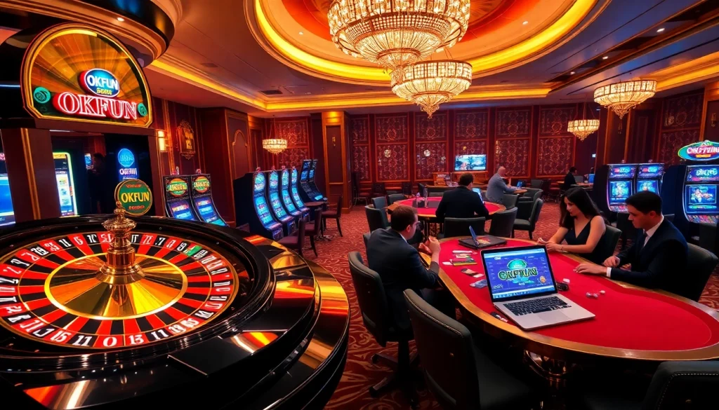 Players enjoying the thrill of a casino with the online platform OKFUN, featuring roulette and poker tables.